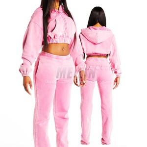 Custom logo Women Fleece Distressed Patch Embroidery Acid Wash <b>Zip</b> <b>up</b> Hoodies and Sweatpants Set pink Tracksuit Women Sweatsuit - Product Image 1