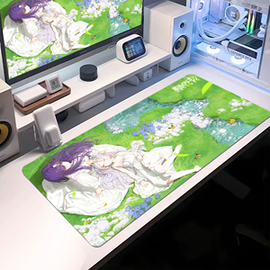 Grand tapis de bureau esthétique nature vert avec des filles elfes de la forêt, tapis de souris de jeu étendu style anime, tapis de clavier avec bords cousus - Product Image 1