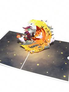 Carte de vœux en papier gaufré 3D de haute qualité, <span class=keywords><strong>illustration</strong></span> fantastique, sorcière à balai, croissant de lune, chat noir, fantôme, Halloween - Product Image 2