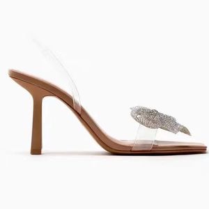 Nouvelles sandales élégantes pour femme à talon aiguille, bout carré ouvert, transparentes, avec nœud en strass - Product Image 4