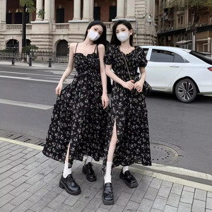 Black Floral Print Dress Women 2025 Summer French Style Puff Sleeve Elastic Waist Long Princess Dress With Slit Daily Wear - Product Image 4