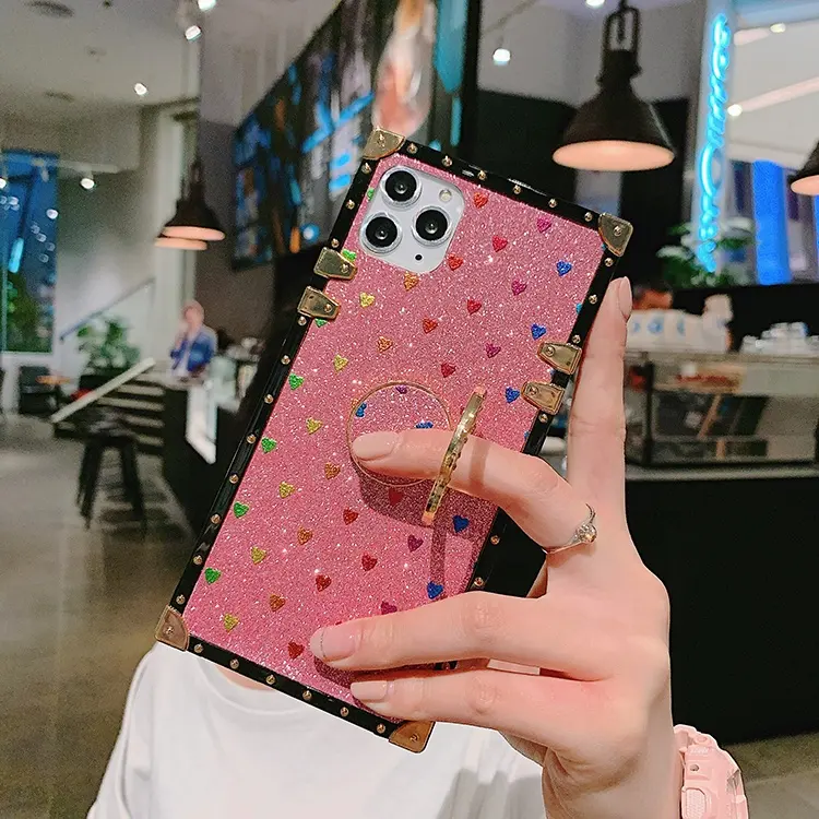 Fashion Luxury Golden Foil Sparkling Love Hearts Square Edge Cool Chic Phone Case For Iphone 11