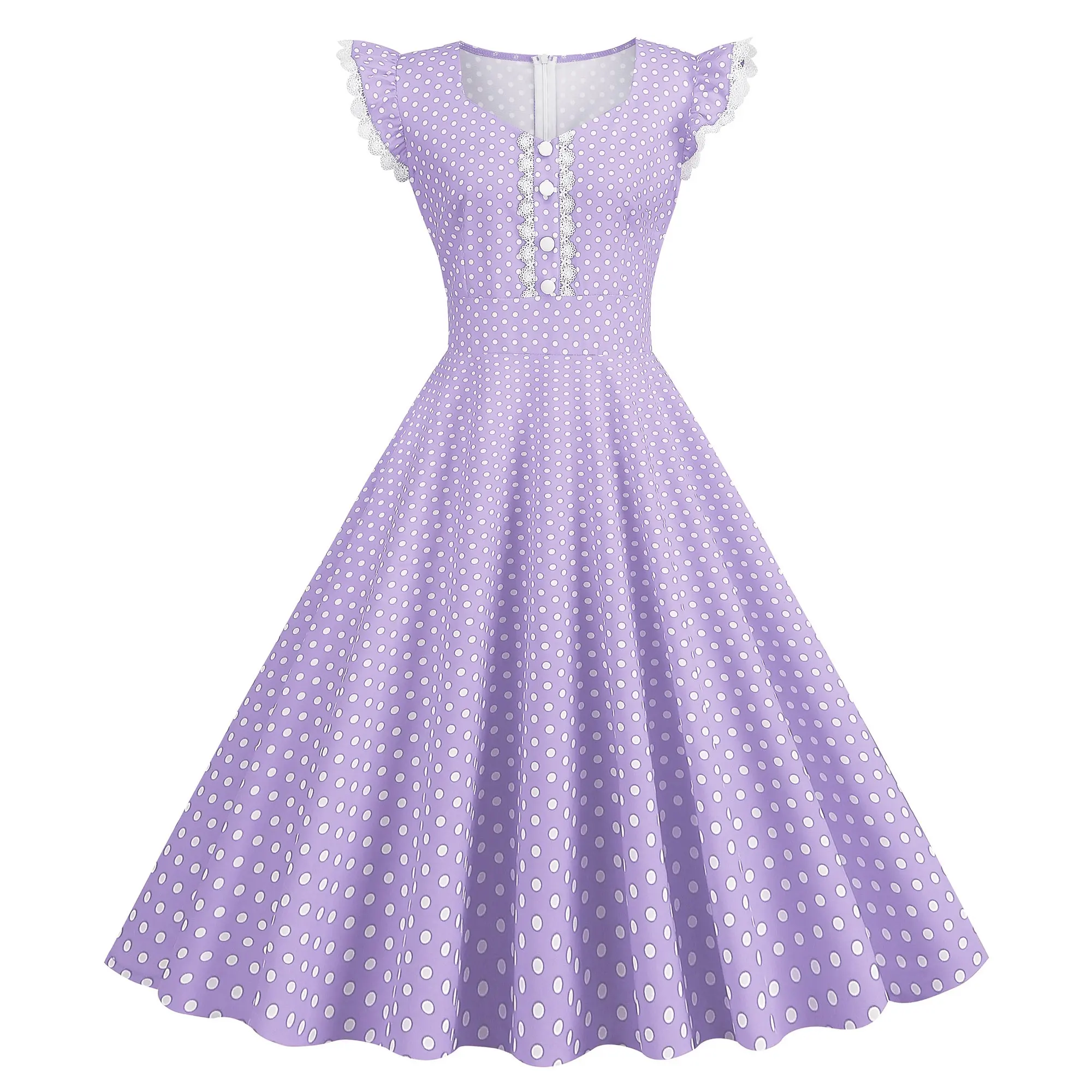SP-6247 Wholesale 2023 new female dresses ruffle butterfly sleeves polka dots 1950s vintage a line dress women casual dress