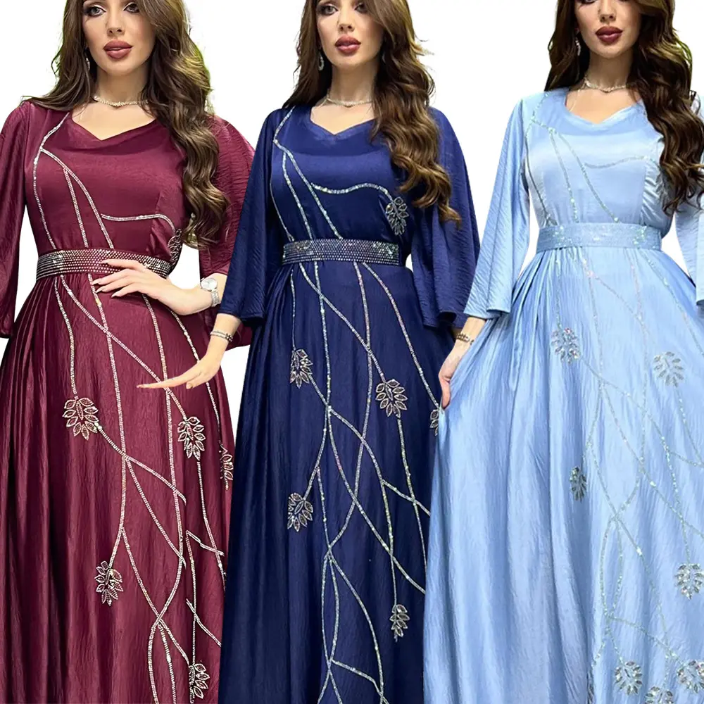 최신 도착 이슬람 여성 맥시 드레스 카프탄 벨트 세련된 잎 패턴 다이아몬드 구슬 긴 소매 의류 드레스 가운