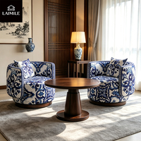Fauteuil de salon de luxe bleu et blanc imprimé, rond, rembourré, avec dossier, idéal pour villa et salon