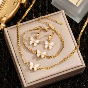 Collar y Pendientes de Acero Inoxidable para Mujer, Chapados en Oro de 18K, con Imitación de Perla, Zirconia, Trébol, Mariposa y Corazón, para Bodas y Fiestas - Product Image 2