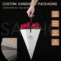 Boîte cadeau pliable en kraft personnalisée avec fenêtre pour fleurs, sac de transport pour bouquet à longue poignée, sac cadeau haut de gamme