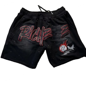 New Fashion Custom Distressed Embroidery Puff Print Logo Acid Wahed Vintage Sun Fade Cotton Terry Men Shorts With Rhinestone - Product Image 4