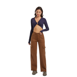 Pantalon Cargo en Denim pour Femmes Européennes Taille Haute Décontracté Jambe Droite Large Marron Foncé Streetwear Personnalisé Délavé Trou Respirant - Product Image 2