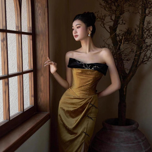 Women's Strapless Retro Toasting Dress Natural Waist Embroidered Vintage Coming Of Age Ceremony Wedding Dress - Product Image 3