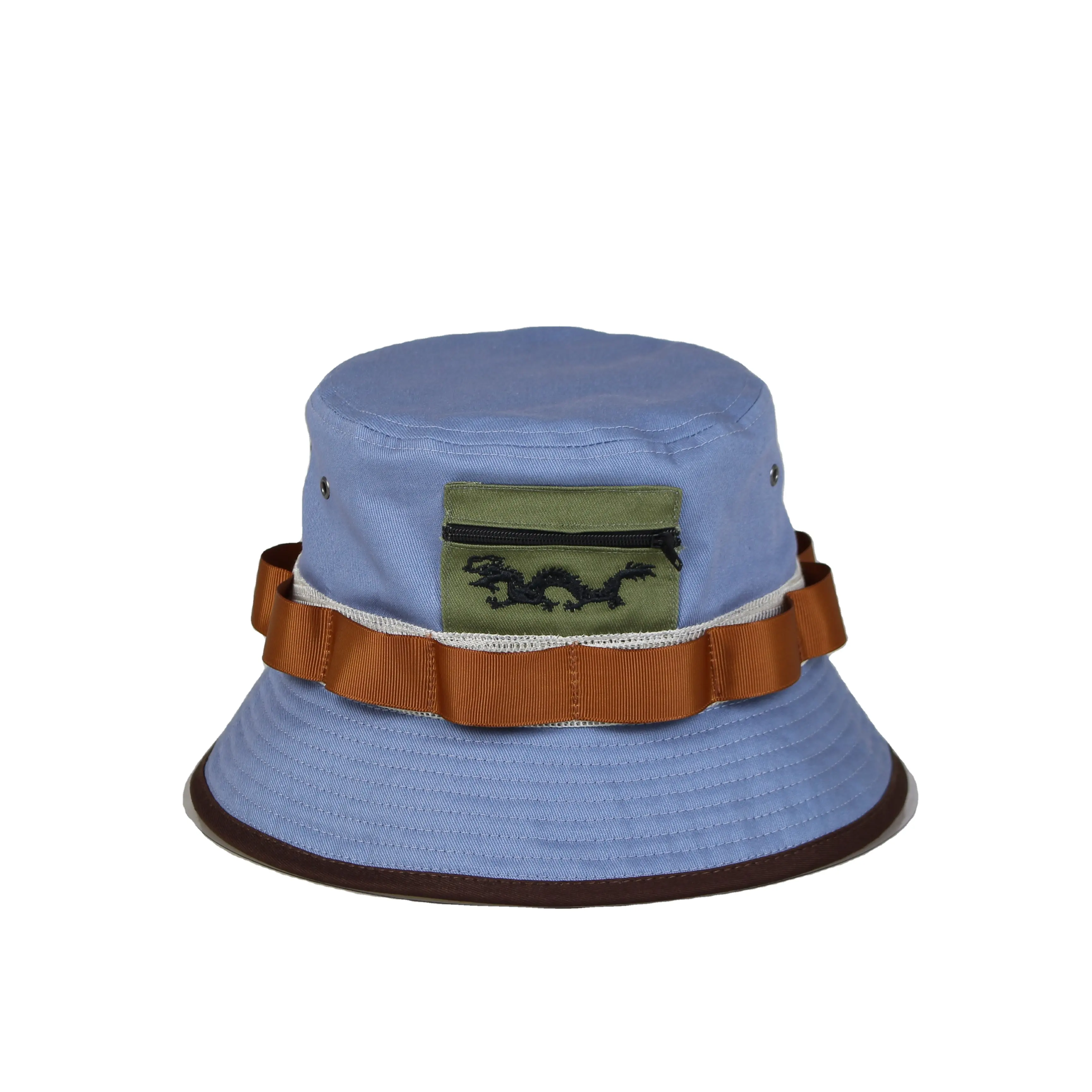 Topi memancing Bucket uniseks, topi nelayan 4 lubang logam, tambal sulam kustom luar ruangan musim panas dengan ritsleting