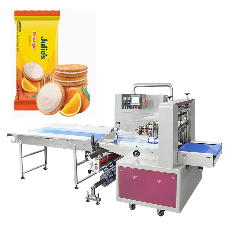 Automatic Conveying Flow Small Cookies Cake Bread Candy bars Packing Machine Biscuit HFFS Packing Machine