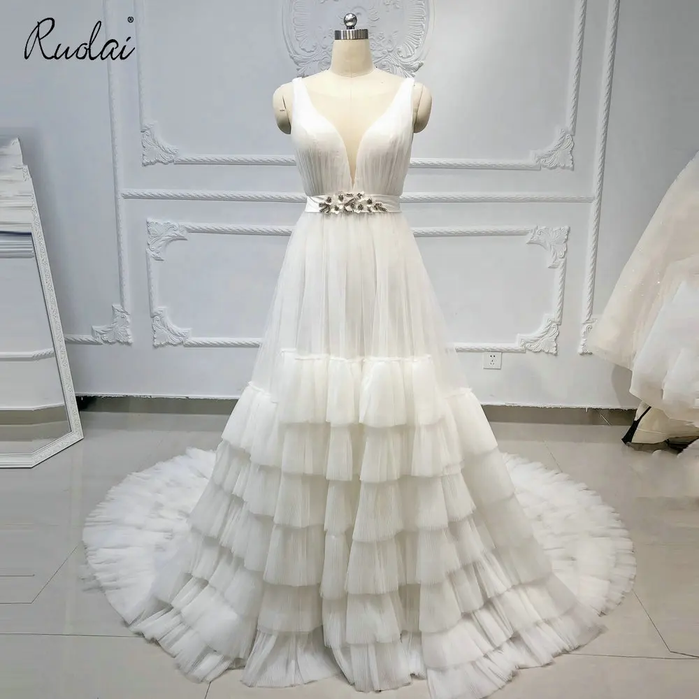 Ruolai QW01807 Chic Sleeveless V-neckline Tiered Tulle Wedding Dresses Chiffon Ivory Back Bow Bridal Gowns