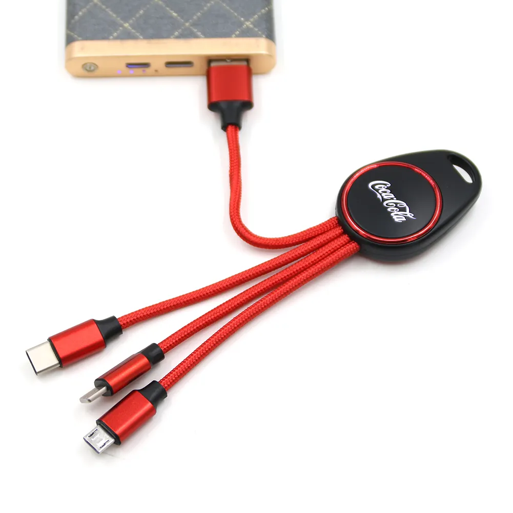 Grosir Barang Hadiah Perusahaan 3 Dalam 1 Kabel USB Keyring Pengisi Daya USB dengan Logo Lampu LED