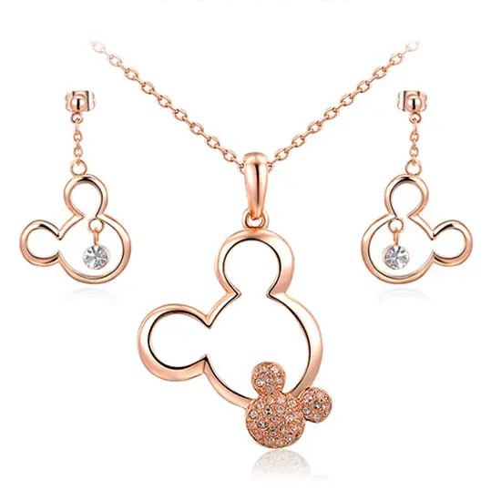 Mickey Pendant Necklace Drop Earrings Stainless Steel Jewelry Sets Austrian Crystal Weeding Necklaces Set For Women Girls Gift