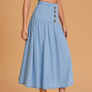 थोक कस्टम बटन फ्रंट फ़्लारेड डेनिम स्कर्ट लंबी जेलियन लड़कियों डेनिम स्कर्ट - Product Image 6