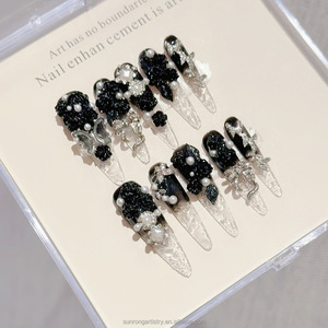 <span class=keywords><strong>Uñas</strong></span> Postizas de Estilo Francés, <span class=keywords><strong>Uñas</strong></span> Artificiales Largas de Forma Stiletto, <span class=keywords><strong>Uñas</strong></span> Negras Glaseadas con Rosa, Hechas a Mano, <span class=keywords><strong>Uñas</strong></span> a Presión - Product Image 1