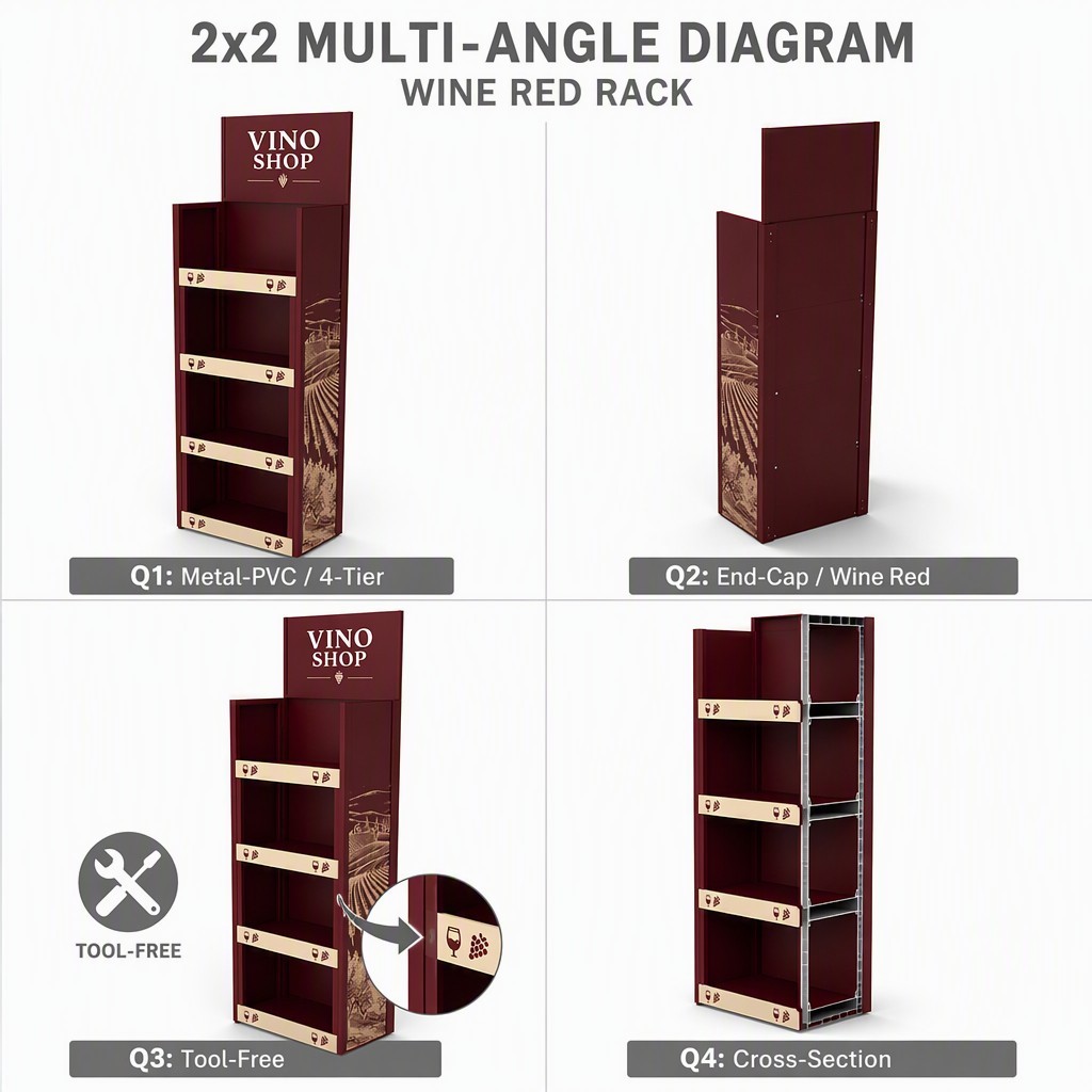 Apache Custom Wine Display Rack 48 Bottles 4-Tier Metal Bottle Merchandiser Knock Down End-Cap Stand for Liquor Shop Retail OEM — view 3