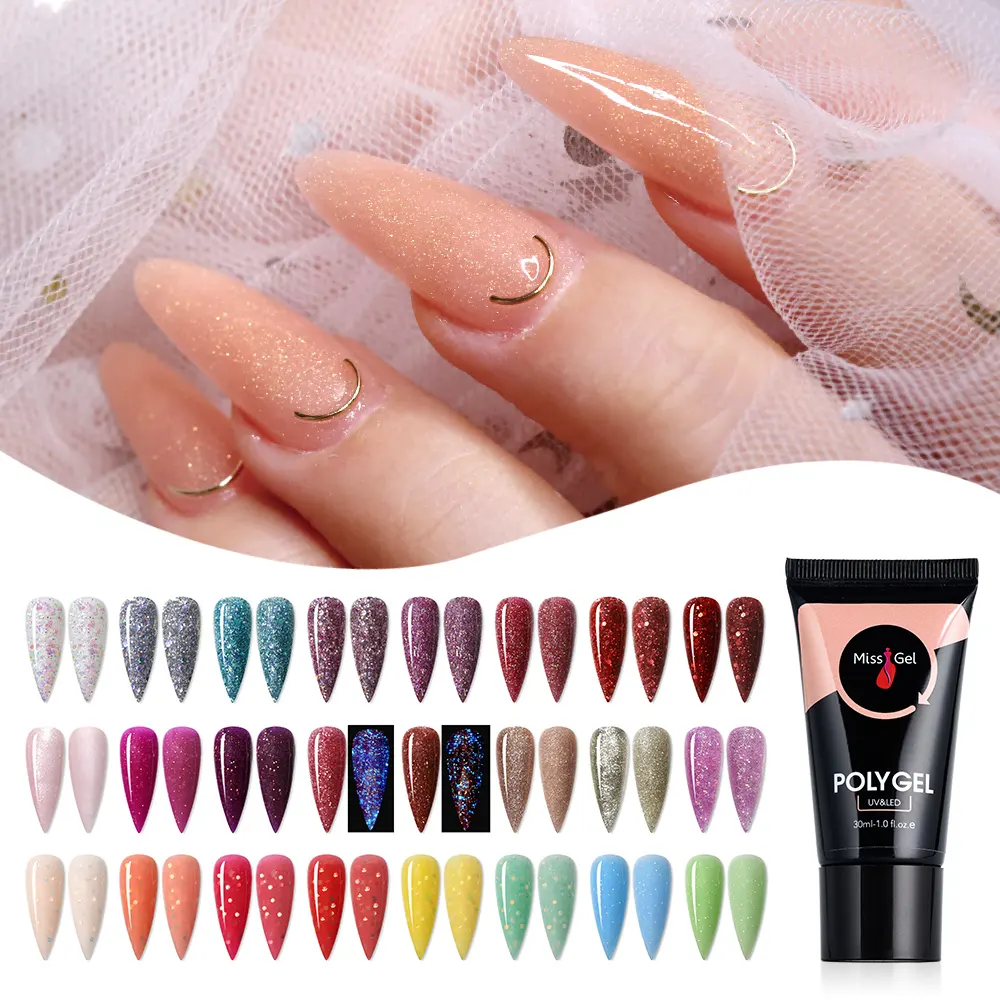 Poligel Étincelant Acrygel Vente en Gros Fournitures pour Ongles Marque Privée Couleurs Paillettes UV Extension d'Ongles Polly Acrylique Poly Gel