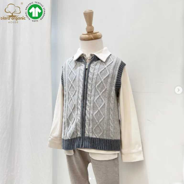 Bio-Garn-Baumwoll pullover für Kinder Sanfter ärmelloser Winter-Reiß verschluss in Übergröße mit einfarbigem, dickem Boy GOTS-zertifiziert