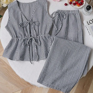 Atasan Tank Top Wanita Bergaris Kasual dengan Ikat Depan Serbaguna & Celana Panjang Longgar Kasual Set 2-Potong Fashion - Product Image 3