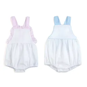 Monogramma summer infant toddler seersucker girls bubble pagliaccetto con pink trim white Easter spring boys sunsuit