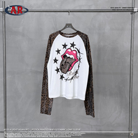 T-shirt à manches longues en maille gaufrée, imprimé lèvres, motif léopard, manches raglan, crop top Y2K, style punk, motif fil barbelé, tee-shirt rock star