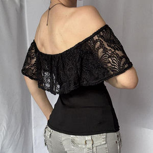 Chemisier d'été pour femme, coupe ajustée, à manches courtes, épaules dénudées, avec dentelle et volants, style mode urbaine - Product Image 3