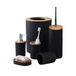 6ピース竹プラスチック製バスルームアクセサリーキット環境に優しい黒トイレ石鹸ディスペンサー歯ブラシホルダー家庭用箱入りセット - Product Image 2