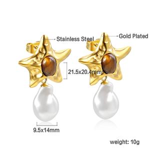 Nuevos Pendientes de Aro de Acero Inoxidable con Estrella y Perla en Forma de Gota, Chapados en Oro PVD de 18k, Resistentes al Agua, con Piedra, para Mujer - Product Image 2