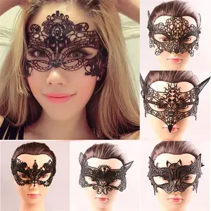 Cor preta Sexy Mulheres Lace Masquerade Máscara para o Carnaval Halloween Half Face Máscaras Cosplay Animais festivos Partido Fontes