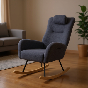 Sillón Mecedora Tapizado en Tela Gris Oscuro, Respaldo Alto, Diseño Moderno, Silla de Salón con Patas de Madera, Estilo Escandinavo - Product Image 2