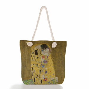 Bolsa de Lona de Gran Capacidad con Cierre de Cremallera y Dos Asas, Estampado de Personajes de Gustav <span class=keywords><strong>Klimt</strong></span>, de Algodón y Lino - Product Image 5