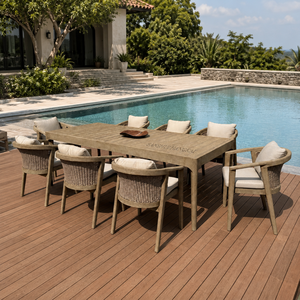 Ensemble de table à manger de luxe Hangkai, tables en <span class=keywords><strong>bois</strong></span>, 8 chaises pour terrasses haut de gamme et salons de <span class=keywords><strong>jardin</strong></span>, ensembles de salle à manger d'extérieur - Product Image 1