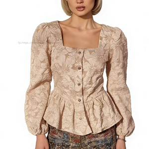 Women's Jacquard Square Neck Puff Sleeve Peplum Blouse - Button-Front Casual <b>Top</b> Shirt Fashion - Product Image 1