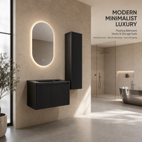 Ensemble de meubles de salle de bain moderne de luxe noir mat cannelé avec miroir LED intelligent ovale et armoire de rangement latérale murale haute
