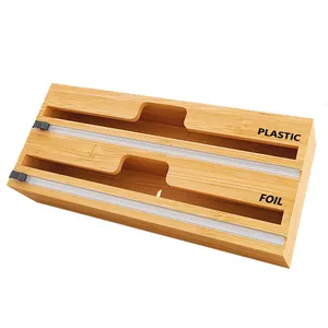 Cassetto da cucina porta rotolo di bambù organizer 2 in 1 involucro di plastica foglio di alluminio dispenser di carta cerata con taglierina scorrevole