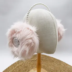 2023 Fábrica Personalização Confortável earmuffs rosa Design de moda com pérola cabeça banda de inverno pelúcia earmuffs