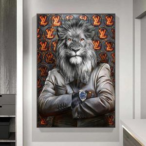 Tableau mural en <span class=keywords><strong>toile</strong></span> de luxe pour homme, motif Lion en costume, Lion <span class=keywords><strong>patron</strong></span> élégant avec montre, impression animale moderne pour la maison et le bureau - Product Image 3