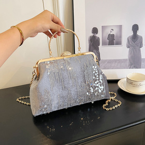 <b>Sequined</b> Women's Evening <b>Bag</b> Envelope Shape Chain Strap Clamp Closure Gray Summer 2023 - Product Image 1