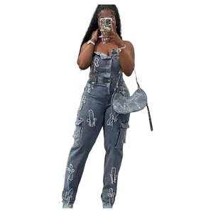 Combinaisons en jean pour femmes, style ou logo personnalisé, ODM, sans bretelles, broderie, déchirées, jambes larges, playsuit, une pièce, rompers - Product Image 5