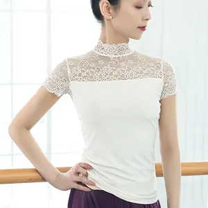 White Pink Short Sleeve Mock Neck Lace Girls Ballet Wear Dance Top