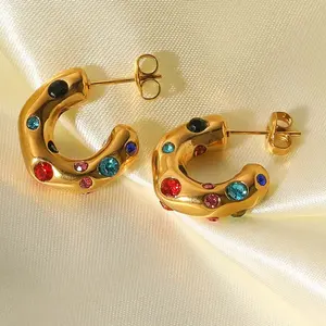 18k镀金彩色锆石耳环装饰奢华时尚饰品耳环不锈钢-时尚灯光装饰品