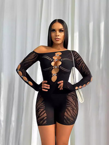 New Solid Color Hollowed Out Diagonal Shoulder Long Sleeved Bright Revealing Chest Sexy One-piece Women's Clothing - Product Image 3