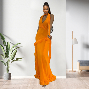 Vestido largo ajustado sexy con aberturas, cuello halter, color liso y volantes para mujer - Venta al por mayor - Product Image 2