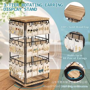 Expositor de pendientes de madera de 3 niveles, giratorio, con estructura de hierro para almacenamiento y exhibición. - Product Image 3