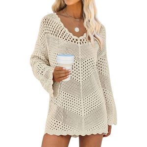FOXA Vestido de ganchillo para playa, cuello en V, manga larga, de punto de malla, calado, cintura holgada, acrílico, ropa de vacaciones 2026 - Product Image 1