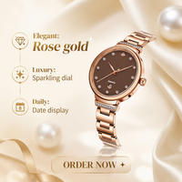 Montre à quartz pour femme, personnalisable avec logo, design moderne et luxueux, bracelet en acier inoxydable, verre, lunette sertie de diamants, aiguilles en forme de feuille, date, papillon