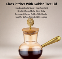 Carafe à café en verre ambré avec couvercle en bambou, décor en feuille ajourée dorée et poignée dorée texturée, bouilloire à café en borosilicate