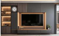 Meuble TV mural moderne en bois brun sur mesure avec étagères ouvertes, vitrine LED et console multimédia pour salon, compatible avec les téléviseurs 65 pouces et plus (CARB)